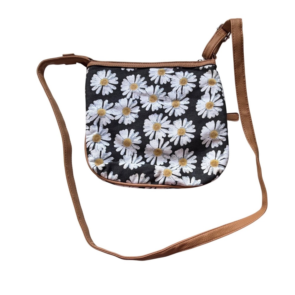 Rosetti Womens Daisy Floral Crossbody Bag Black Brown Canvas Triple Zip Purse - Picture 7 of 7